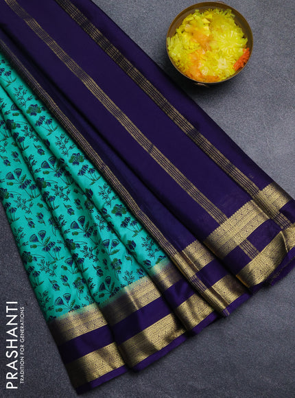 Semi mysore silk saree teal green and navy blue with allover floral prints and rettapet zari woven border