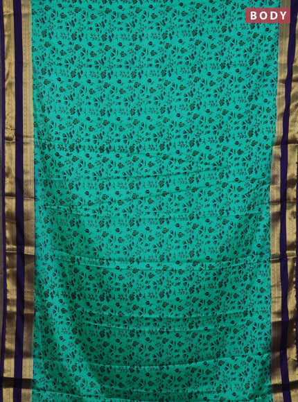 Semi mysore silk saree teal green and navy blue with allover floral prints and rettapet zari woven border
