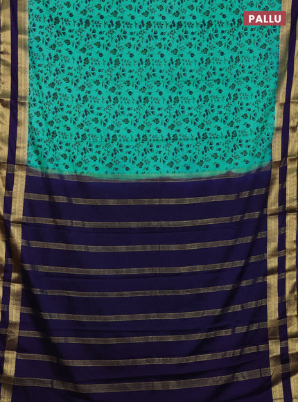 Semi mysore silk saree teal green and navy blue with allover floral prints and rettapet zari woven border