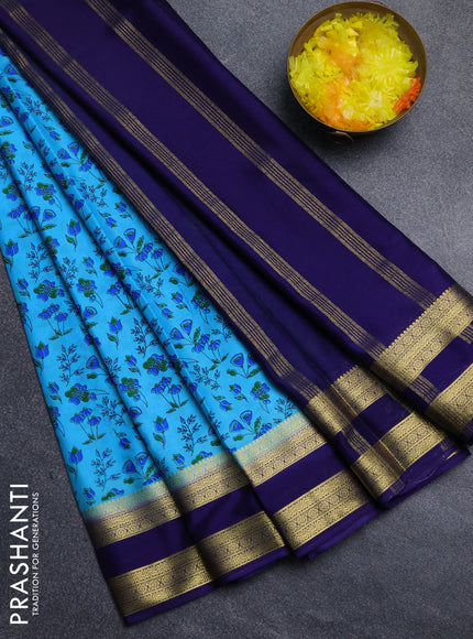 Semi mysore silk saree teal blue and navy blue with allover floral prints and rettapet zari woven border
