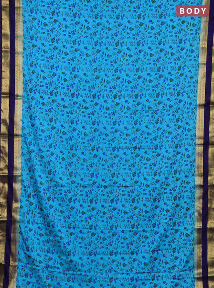 Semi mysore silk saree teal blue and navy blue with allover floral prints and rettapet zari woven border