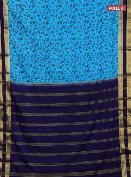 Semi mysore silk saree teal blue and navy blue with allover floral prints and rettapet zari woven border