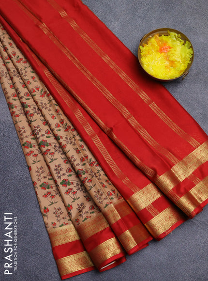 Semi mysore silk saree sandal and red with allover floral prints and rettapet zari woven border