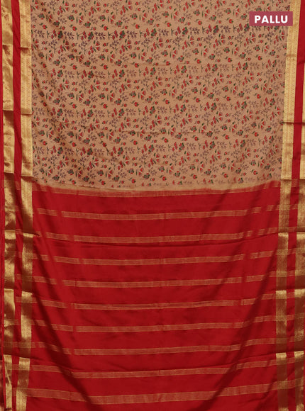 Semi mysore silk saree sandal and red with allover floral prints and rettapet zari woven border