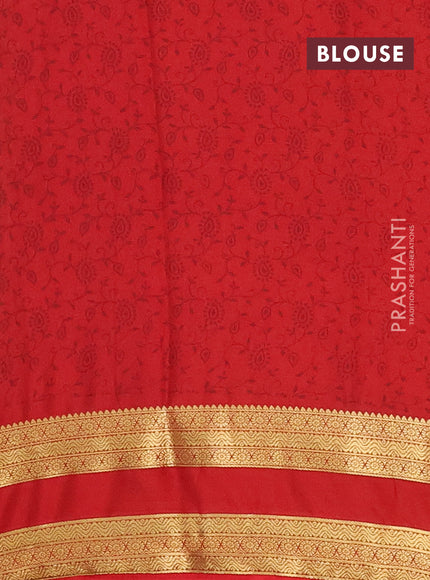 Semi mysore silk saree sandal and red with allover floral prints and rettapet zari woven border