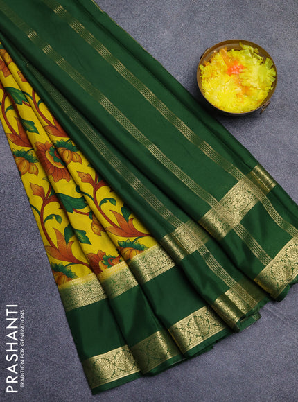 Semi mysore silk saree yellow and green with allover floral prints and long rettapet zari woven border