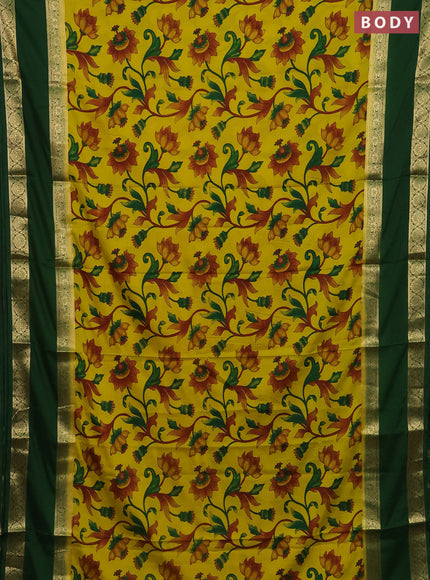 Semi mysore silk saree yellow and green with allover floral prints and long rettapet zari woven border