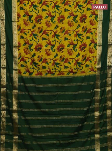 Semi mysore silk saree yellow and green with allover floral prints and long rettapet zari woven border
