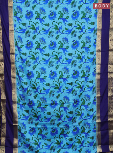 Semi mysore silk saree light blue and navy blue with allover floral prints and long rettapet zari woven border