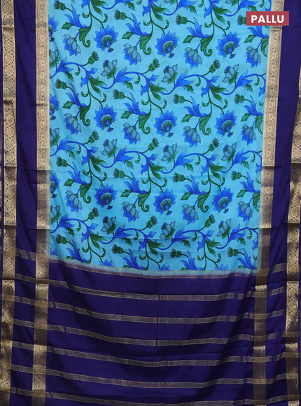 Semi mysore silk saree light blue and navy blue with allover floral prints and long rettapet zari woven border