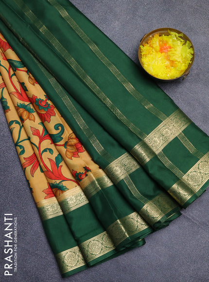 Semi mysore silk saree sandal and green with allover floral prints and long rettapet zari woven border