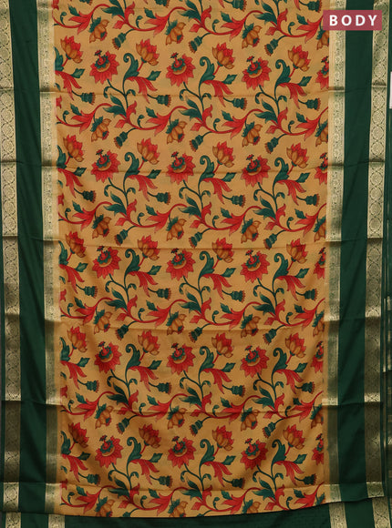 Semi mysore silk saree sandal and green with allover floral prints and long rettapet zari woven border