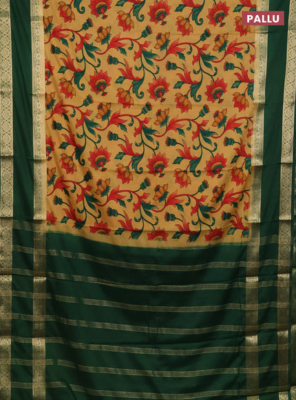 Semi mysore silk saree sandal and green with allover floral prints and long rettapet zari woven border