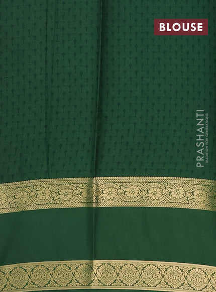 Semi mysore silk saree sandal and green with allover floral prints and long rettapet zari woven border