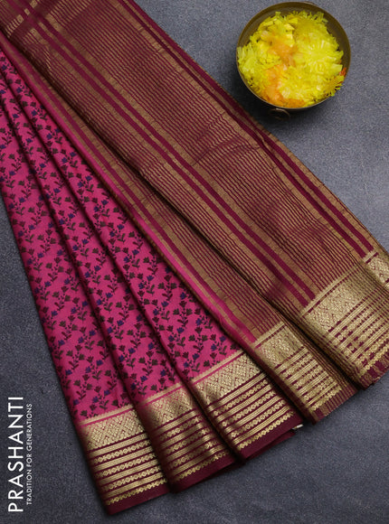 Semi mysore silk saree peach pink and maroon with allover floral prints and zari woven border