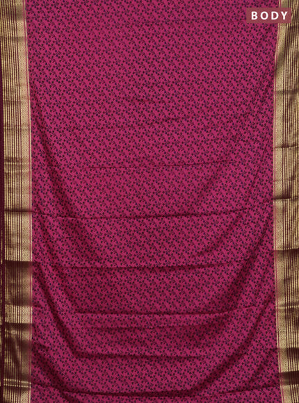 Semi mysore silk saree peach pink and maroon with allover floral prints and zari woven border