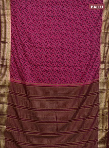 Semi mysore silk saree peach pink and maroon with allover floral prints and zari woven border