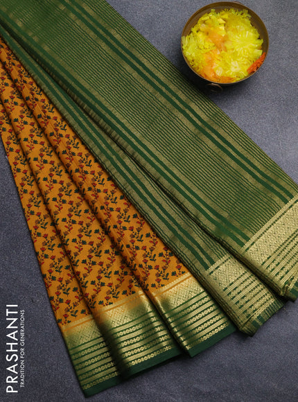 Semi mysore silk saree mustard yellow and green with allover floral prints and zari woven border