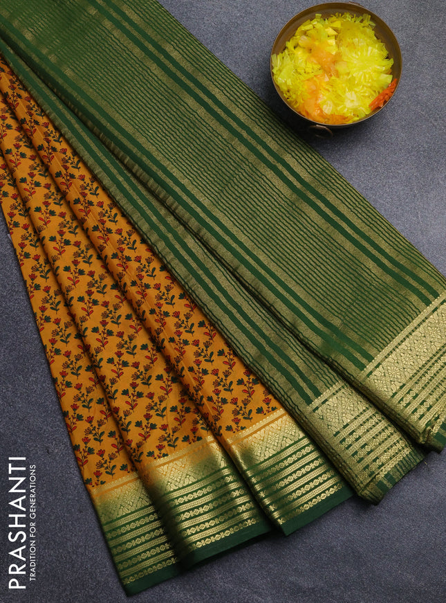 Semi mysore silk saree mustard yellow and green with allover floral prints and zari woven border