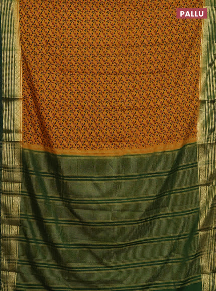 Semi mysore silk saree mustard yellow and green with allover floral prints and zari woven border