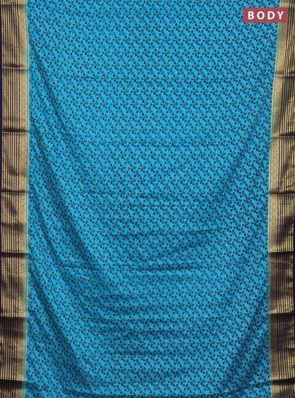 Semi mysore silk saree teal blue and violet with allover floral prints and zari woven border