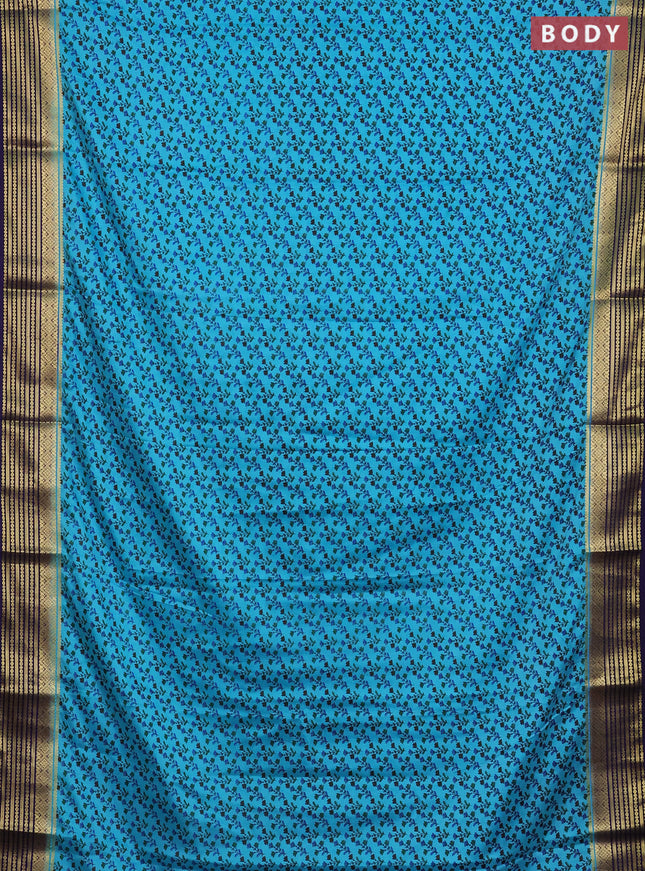 Semi mysore silk saree teal blue and violet with allover floral prints and zari woven border