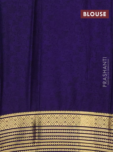 Semi mysore silk saree teal blue and violet with allover floral prints and zari woven border