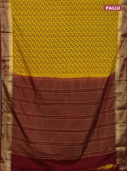 Semi mysore silk saree yellow and maroon with allover floral prints and zari woven border