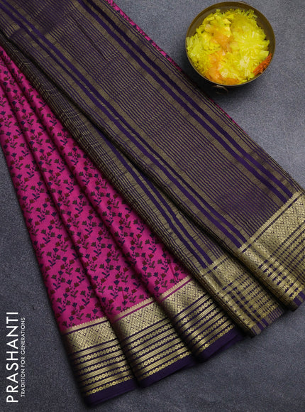 Semi mysore silk saree dark pink and violet with allover floral prints and zari woven border