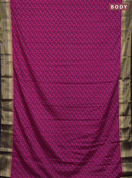 Semi mysore silk saree dark pink and violet with allover floral prints and zari woven border