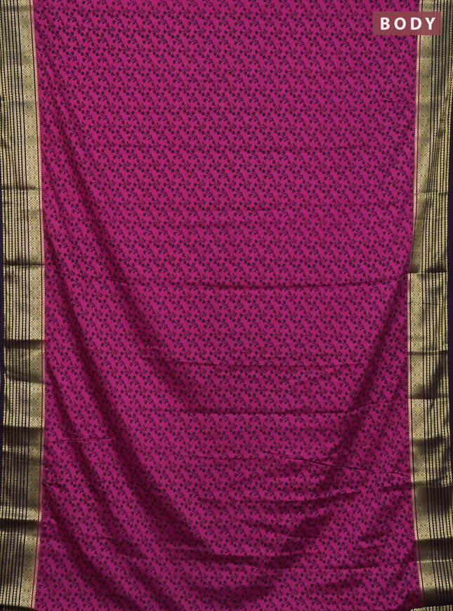 Semi mysore silk saree dark pink and violet with allover floral prints and zari woven border