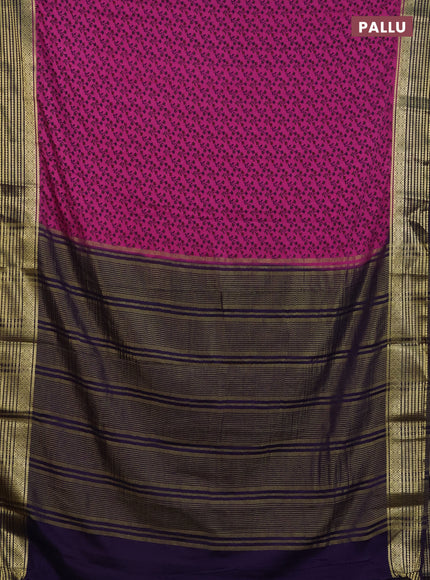 Semi mysore silk saree dark pink and violet with allover floral prints and zari woven border