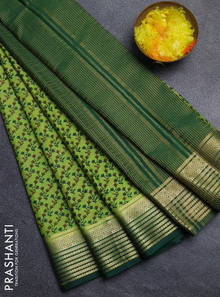 Semi mysore silk saree light green and green with allover floral prints and zari woven border
