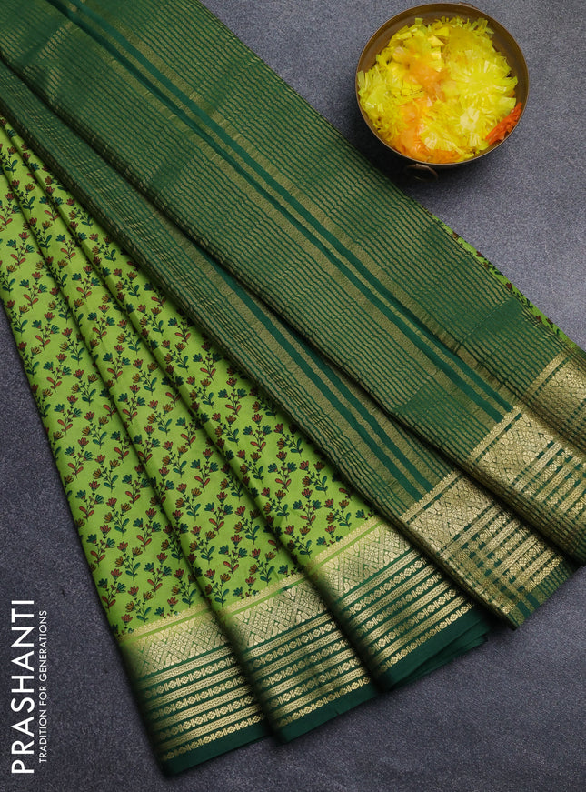 Semi mysore silk saree light green and green with allover floral prints and zari woven border