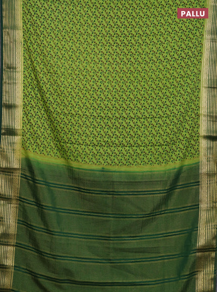 Semi mysore silk saree light green and green with allover floral prints and zari woven border