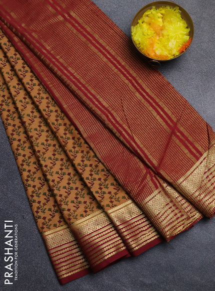 Semi mysore silk saree dark sandal and maroon with allover floral prints and zari woven border
