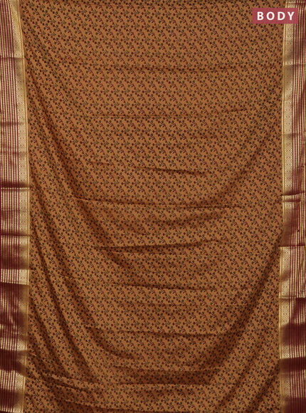 Semi mysore silk saree dark sandal and maroon with allover floral prints and zari woven border
