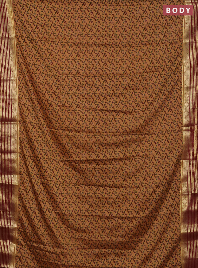 Semi mysore silk saree dark sandal and maroon with allover floral prints and zari woven border