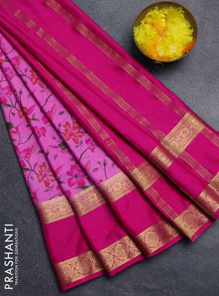 Semi mysore silk saree light pink and pink with allover floral prints and long rettapet zari woven border