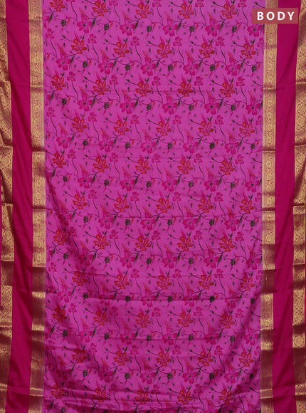Semi mysore silk saree light pink and pink with allover floral prints and long rettapet zari woven border