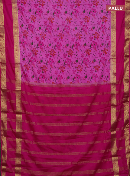 Semi mysore silk saree light pink and pink with allover floral prints and long rettapet zari woven border