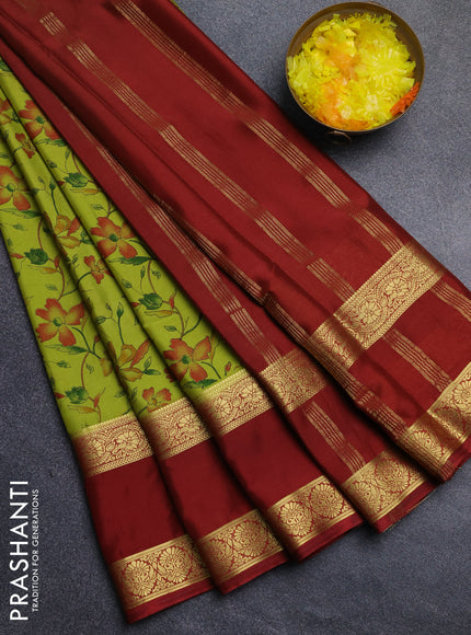 Semi mysore silk saree lime green and maroon with allover floral prints and long rettapet zari woven border
