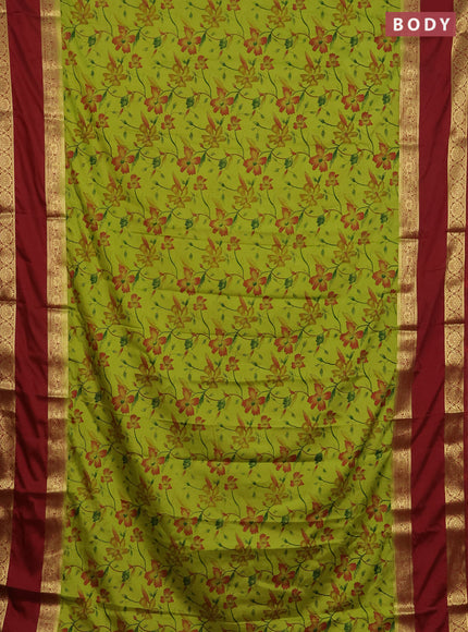 Semi mysore silk saree lime green and maroon with allover floral prints and long rettapet zari woven border