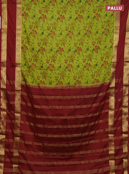 Semi mysore silk saree lime green and maroon with allover floral prints and long rettapet zari woven border