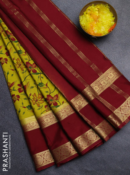 Semi mysore silk saree lime green and maroon with allover floral prints and long rettapet zari woven border