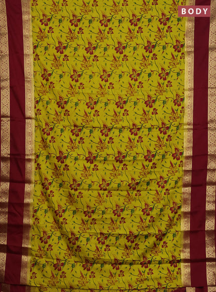 Semi mysore silk saree lime green and maroon with allover floral prints and long rettapet zari woven border