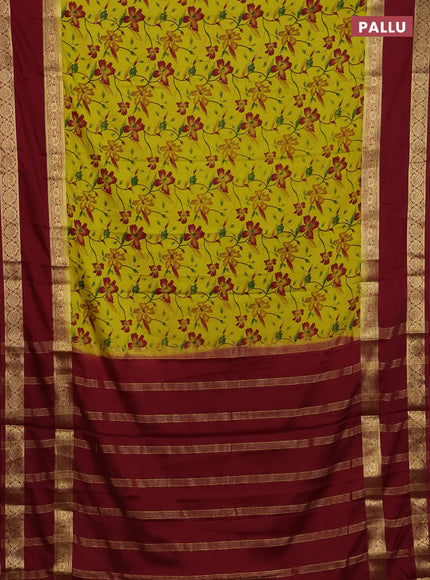 Semi mysore silk saree lime green and maroon with allover floral prints and long rettapet zari woven border