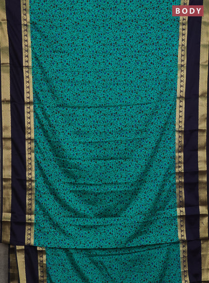 Semi mysore silk saree teal green and navy blue with allover floral prints and long rettapet zari woven border