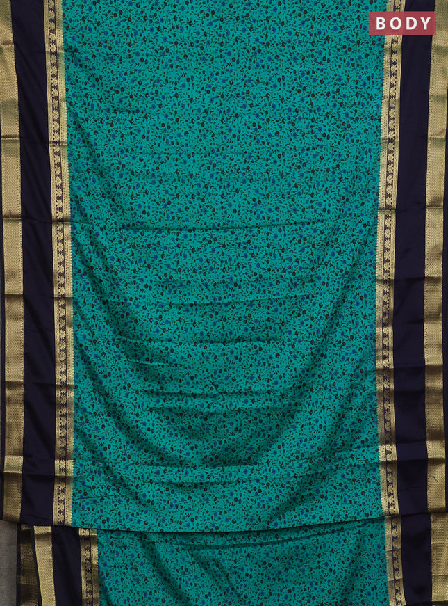 Semi mysore silk saree teal green and navy blue with allover floral prints and long rettapet zari woven border