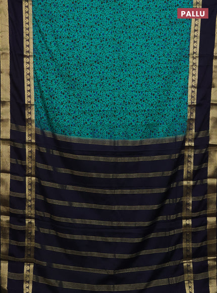 Semi mysore silk saree teal green and navy blue with allover floral prints and long rettapet zari woven border